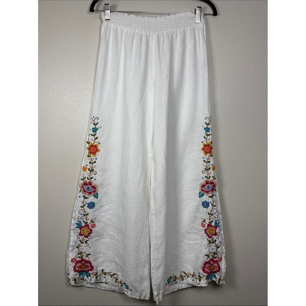 Johnny Was JW Los Angeles Linen Pants S Pull On Embroidered White Wide Leg Boho
